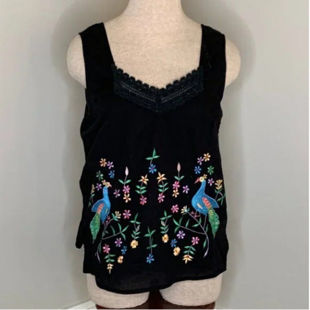 Soft Surroundings Black Embroidered Peacock Floral Tank Top Size Medium